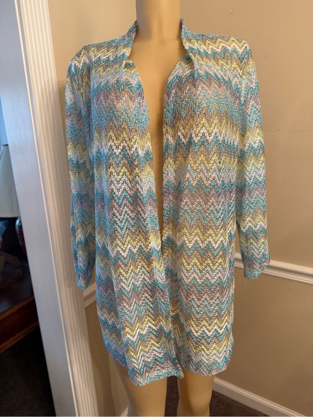 Alfred Dunner Blue, Yellow & Cream Open Knit Cardigan